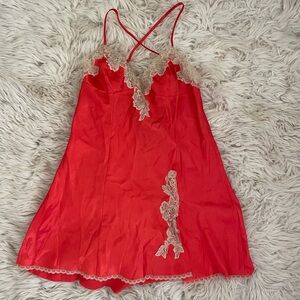FREDERICKS OF HOLLYWOOD Coral orange red Trim Satin Slip Dress and robe small